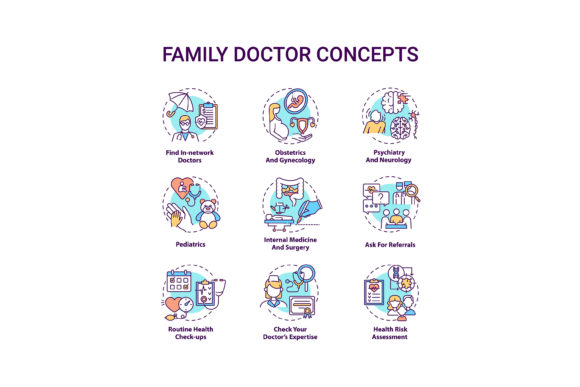 Family Doctor Concept Icons Set: Graphics and Icons for Medical Content